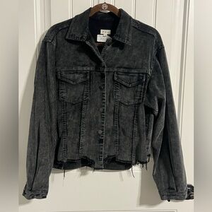 POL Charcoal Corduroy Frayed Hem Acid Washed Ribbed Jacket. Size S (Oversized)